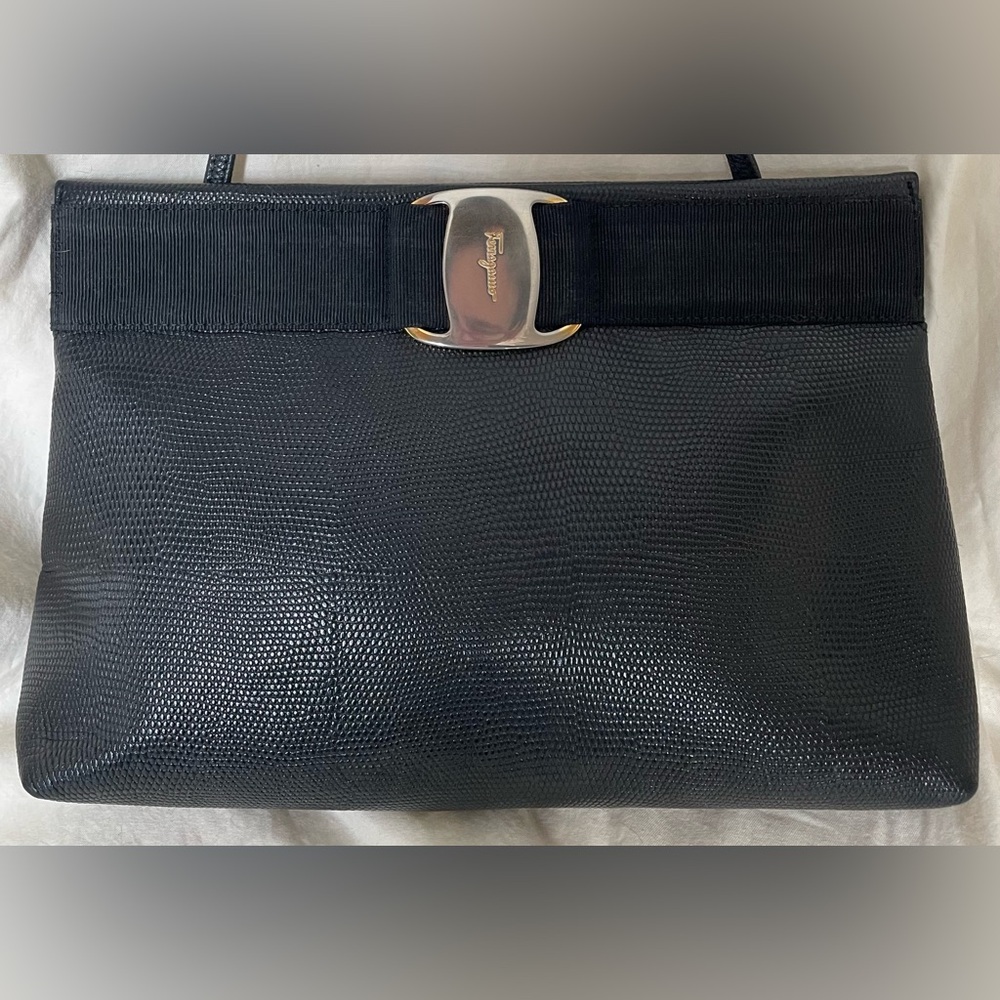 Salvatore Ferragamo Authentic Black Textured Leather Shoulder Bag w/ Vara Buckle